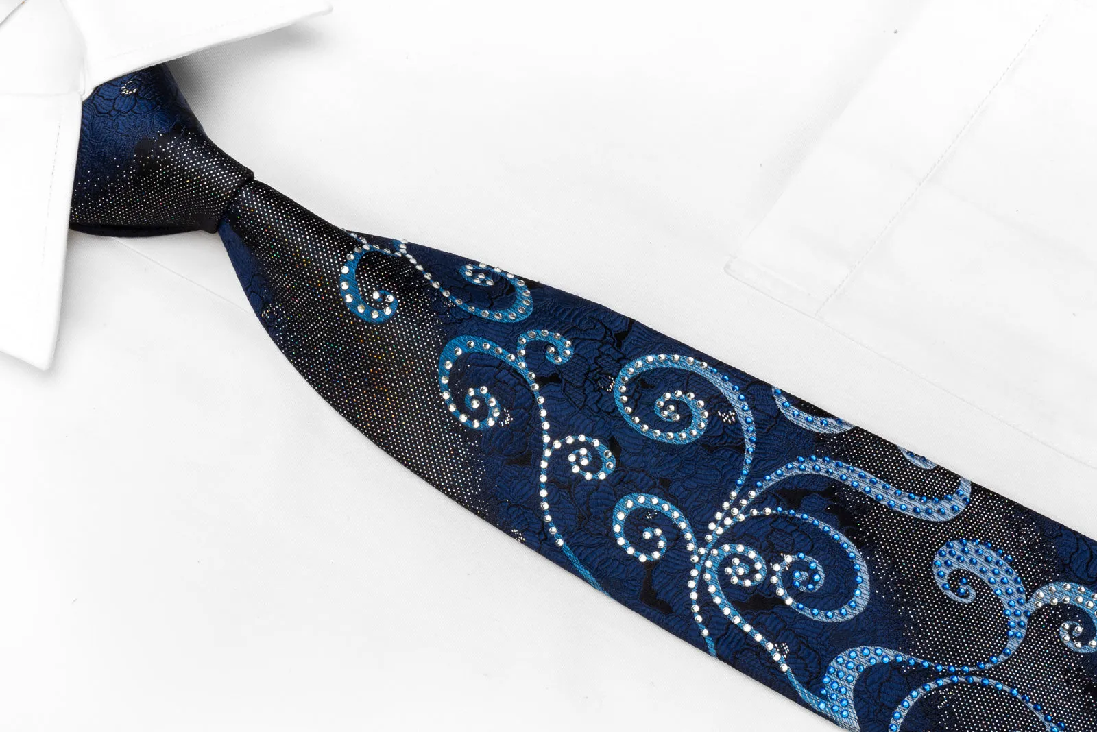 Remizio Men's Rhinestone Silk Necktie Blue Scrolls On Black With Silver Sparkles