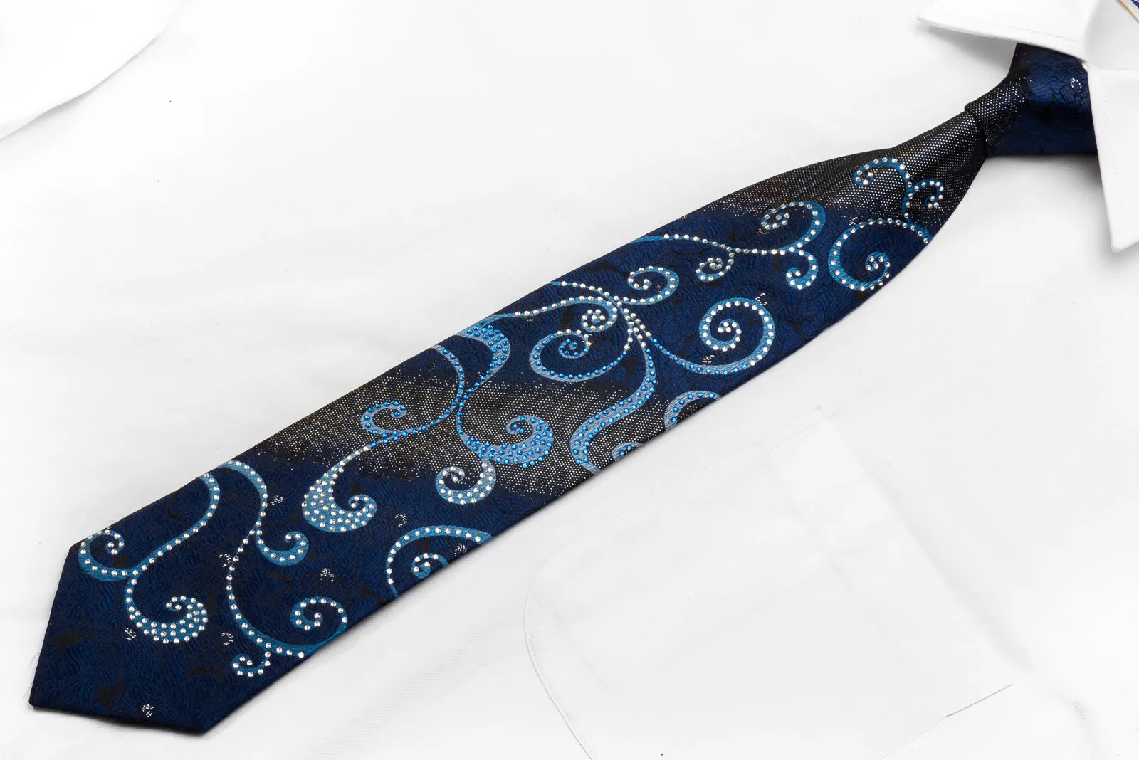 Remizio Men's Rhinestone Silk Necktie Blue Scrolls On Black With Silver Sparkles