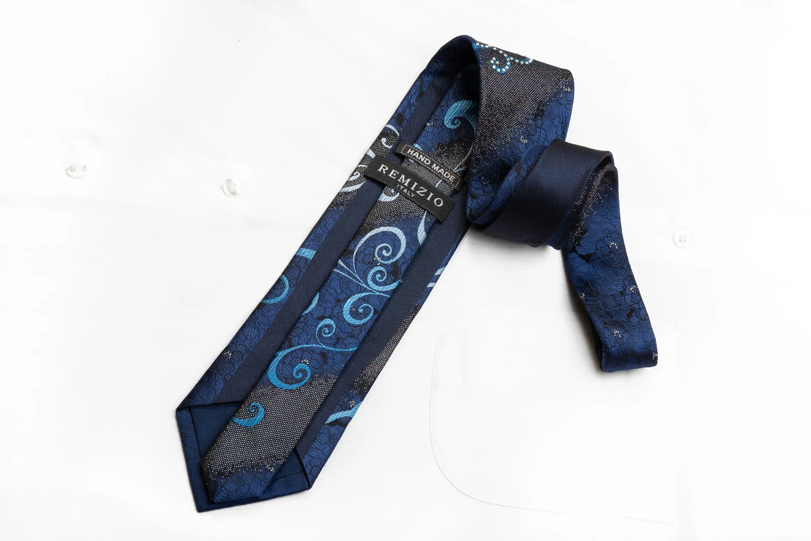 Remizio Men's Rhinestone Silk Necktie Blue Scrolls On Black With Silver Sparkles