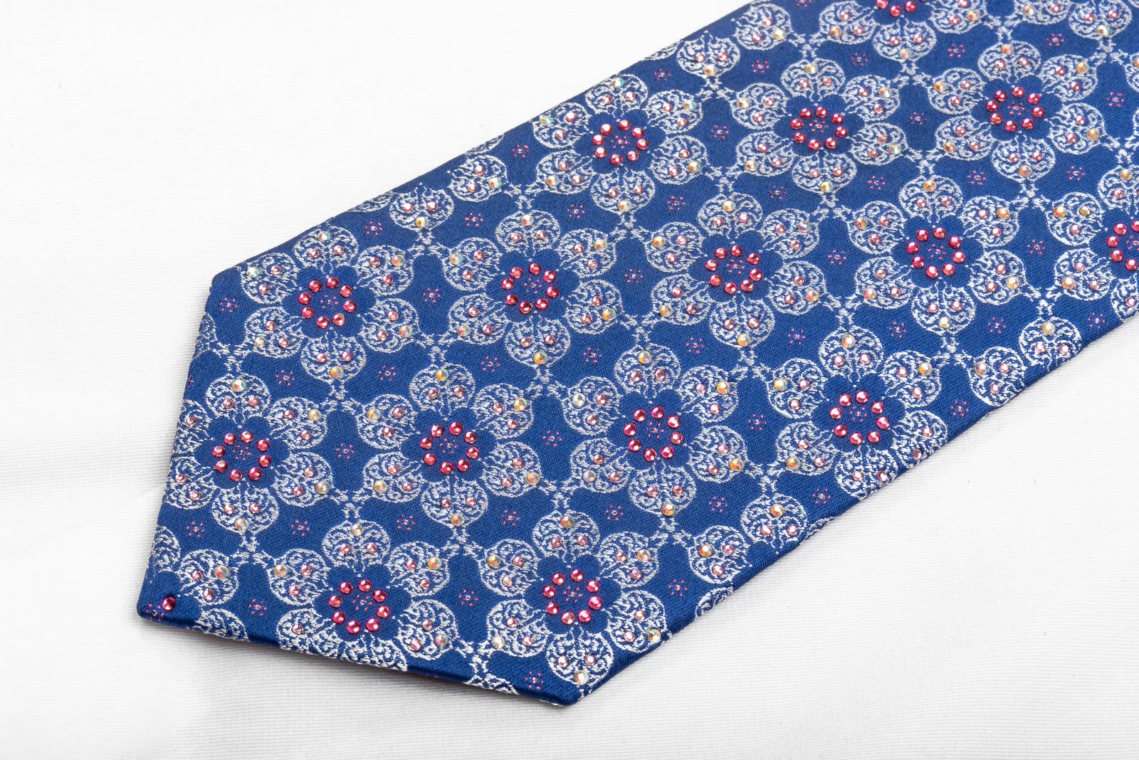 Renoma Men's Crystal Necktie Silver Medallions On Blue With Purple Sparkles