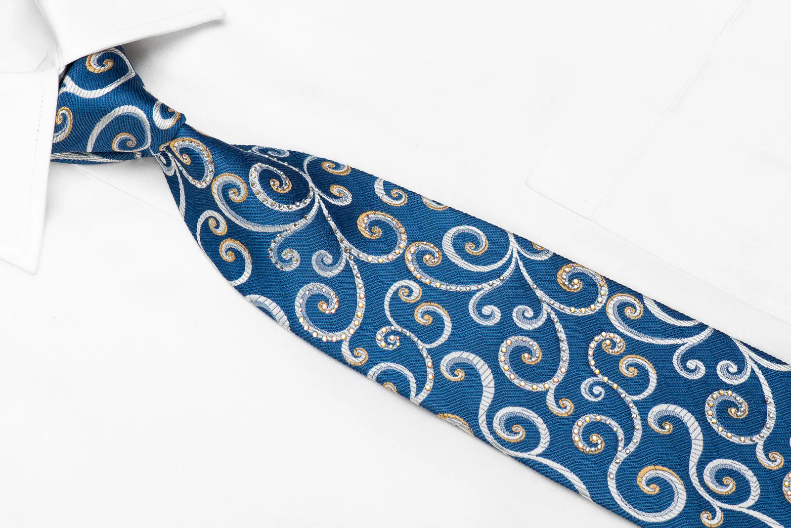 Renoma Men's Crystal Rhinestone Silk Tie Scrolls On Blue