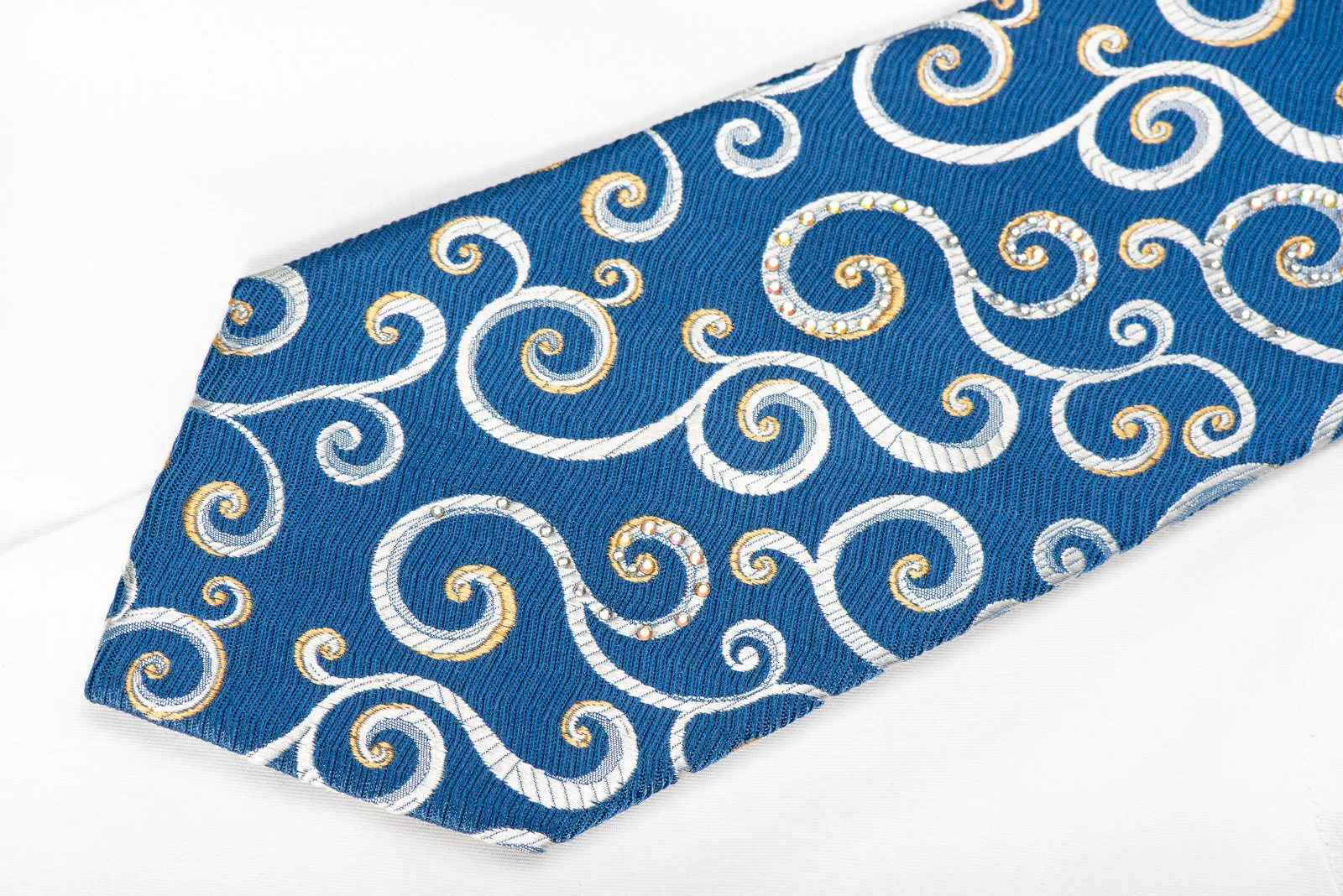 Renoma Men's Crystal Rhinestone Silk Tie Scrolls On Blue