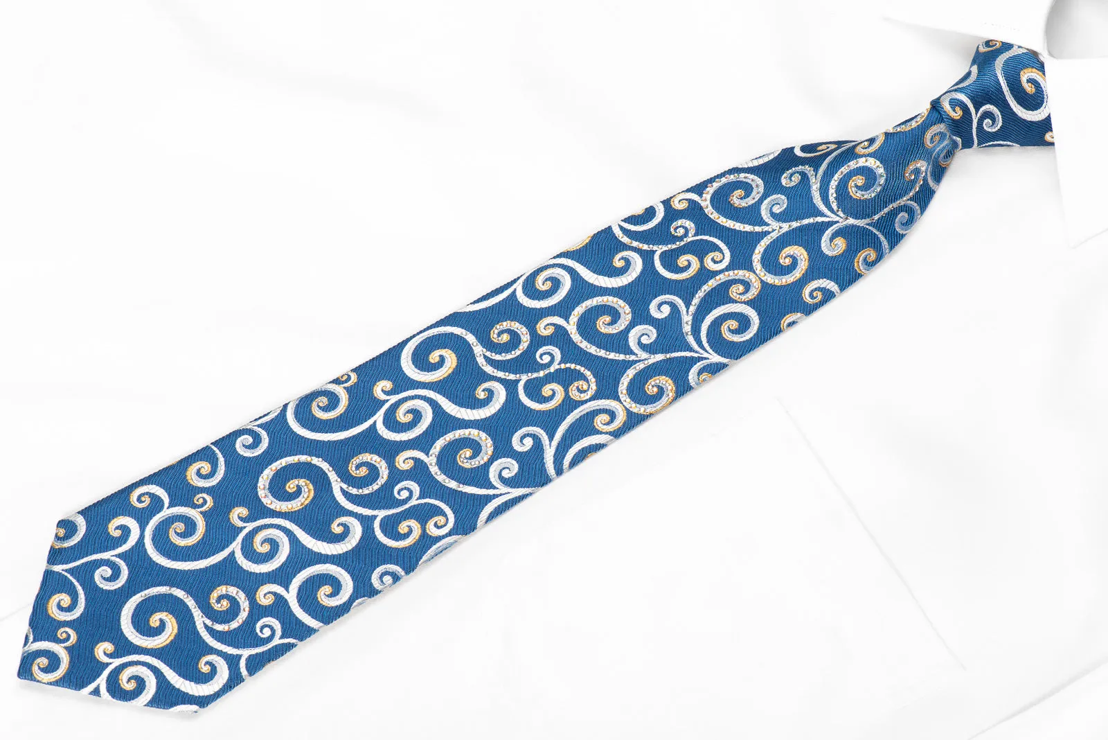 Renoma Men's Crystal Rhinestone Silk Tie Scrolls On Blue