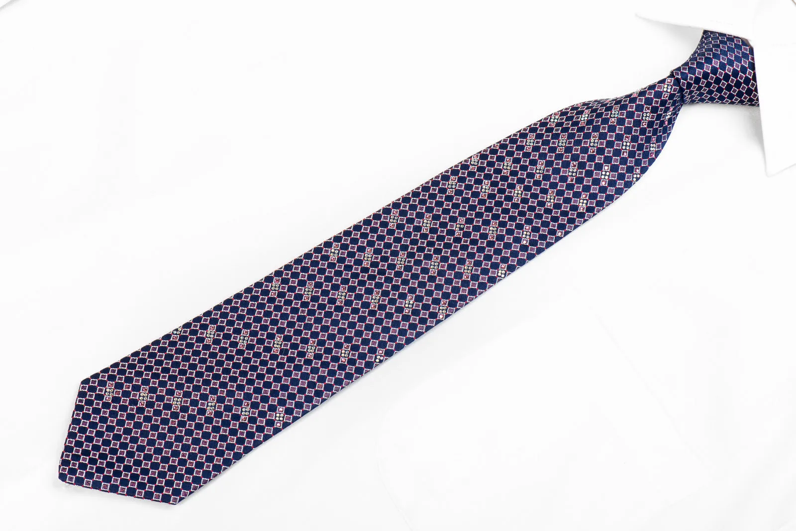 Renoma Mens Silk Rhinestone Necktie Blue Silver Red Checkered With Red Sparkles