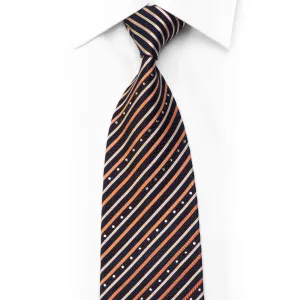 Rhinestone Silk Necktie Orange Silver Striped On Navy With Sparkles