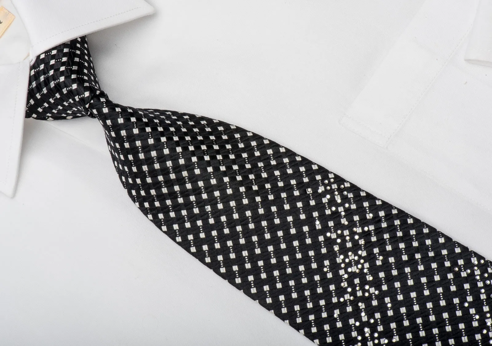 Tie Tree Men's Black Silk Rhinestone Necktie With Silver Sparkles