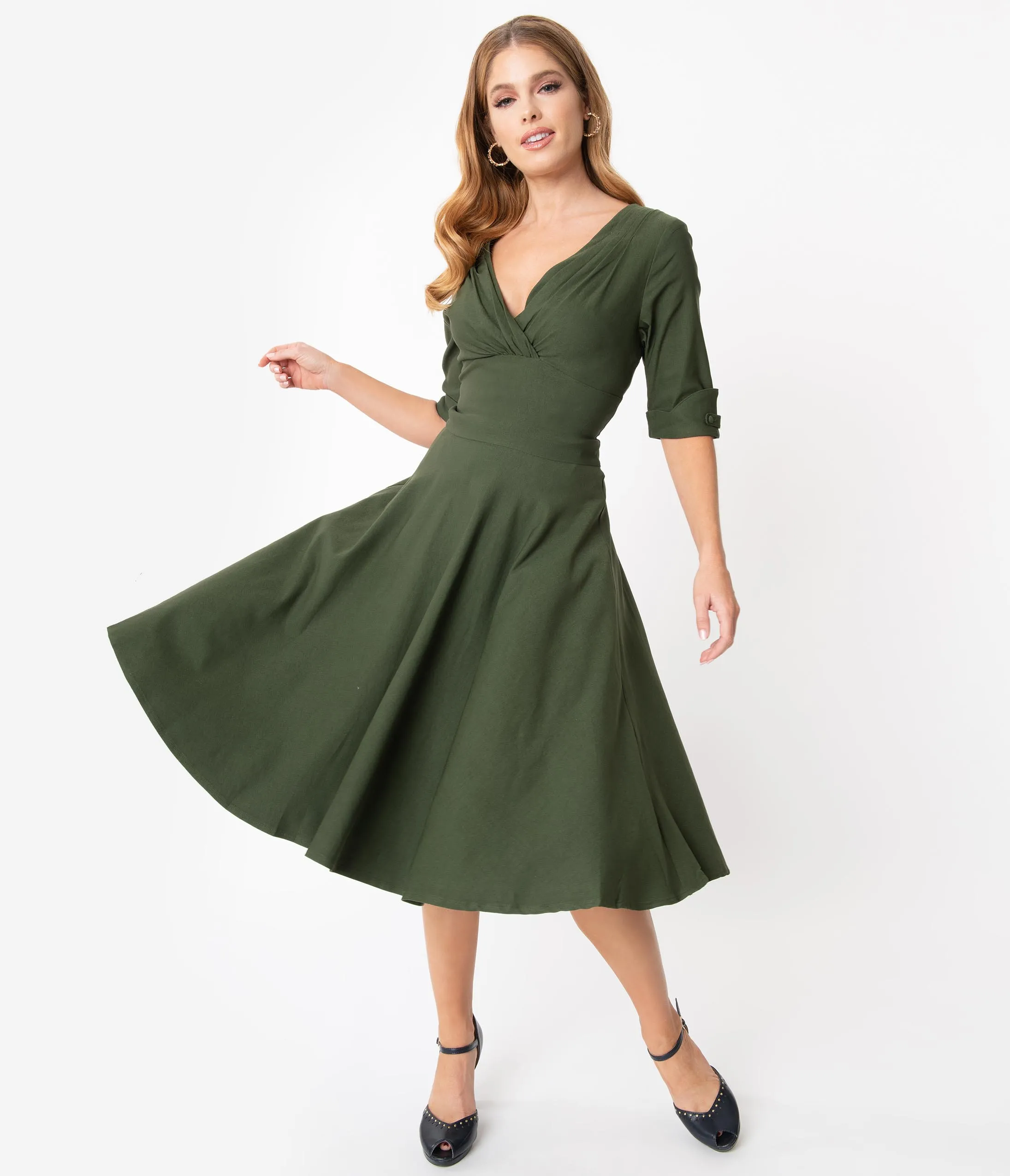 Unique Vintage 1950s Army Green Delores Swing Dress with Sleeves