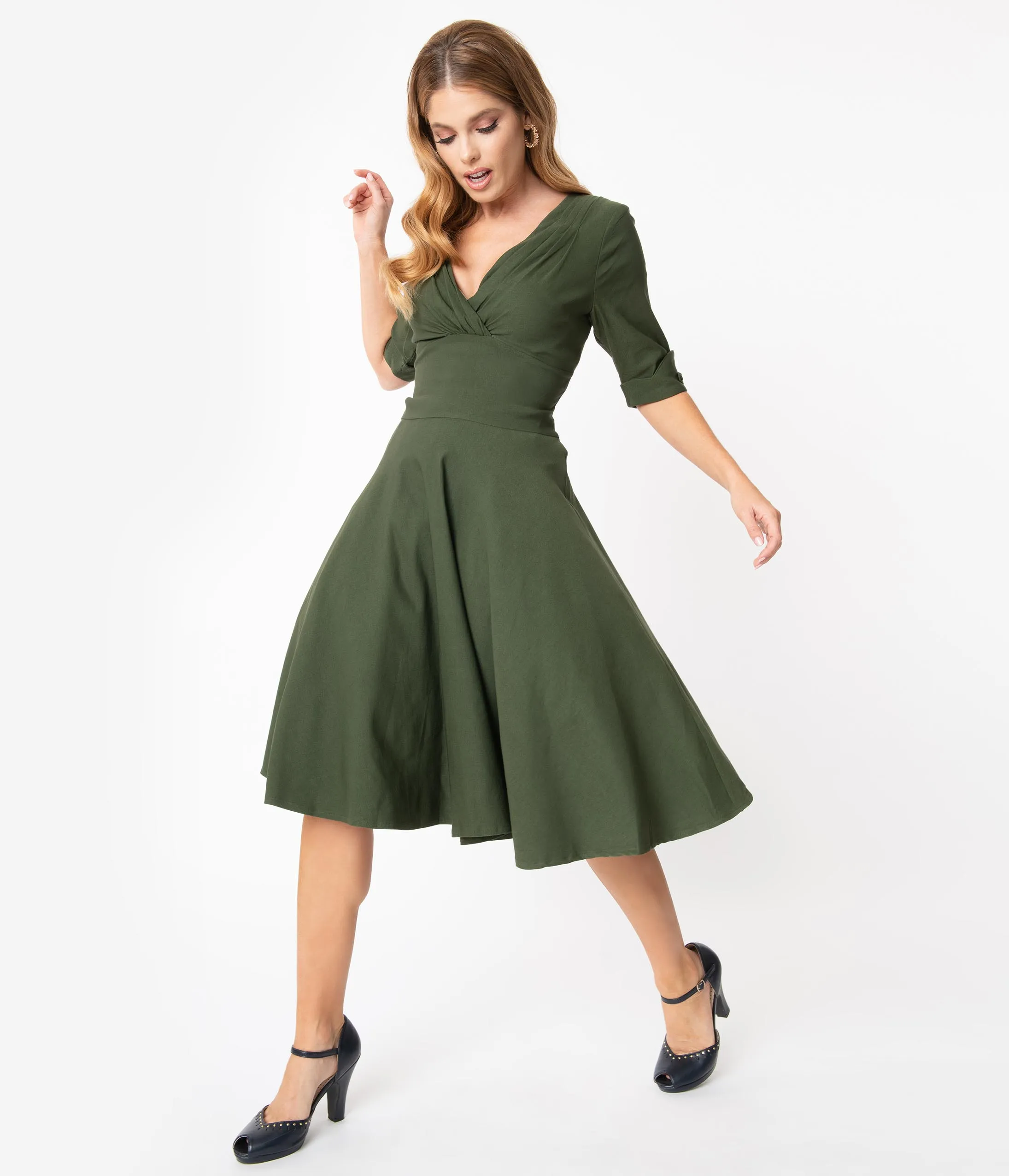 Unique Vintage 1950s Army Green Delores Swing Dress with Sleeves