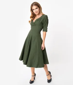 Unique Vintage 1950s Army Green Delores Swing Dress with Sleeves