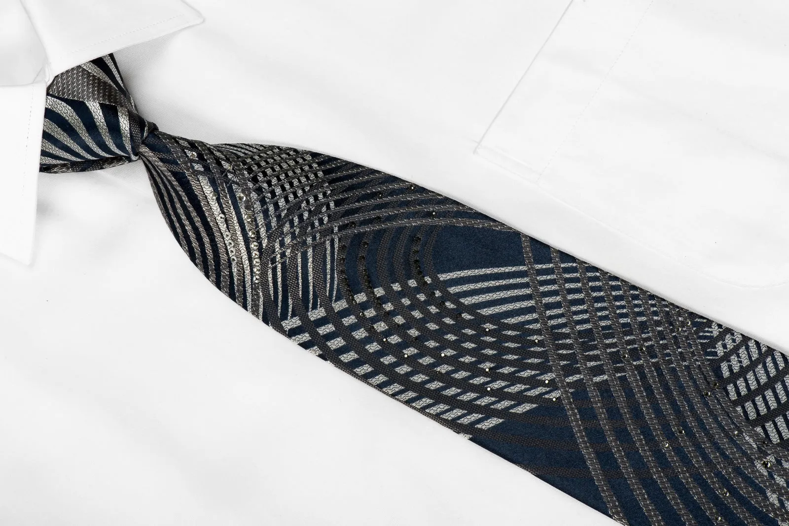 Vito Rufolo Men's Crystal Necktie Silver Geometric Scrolls On Navy Sparkling With Rhinestones