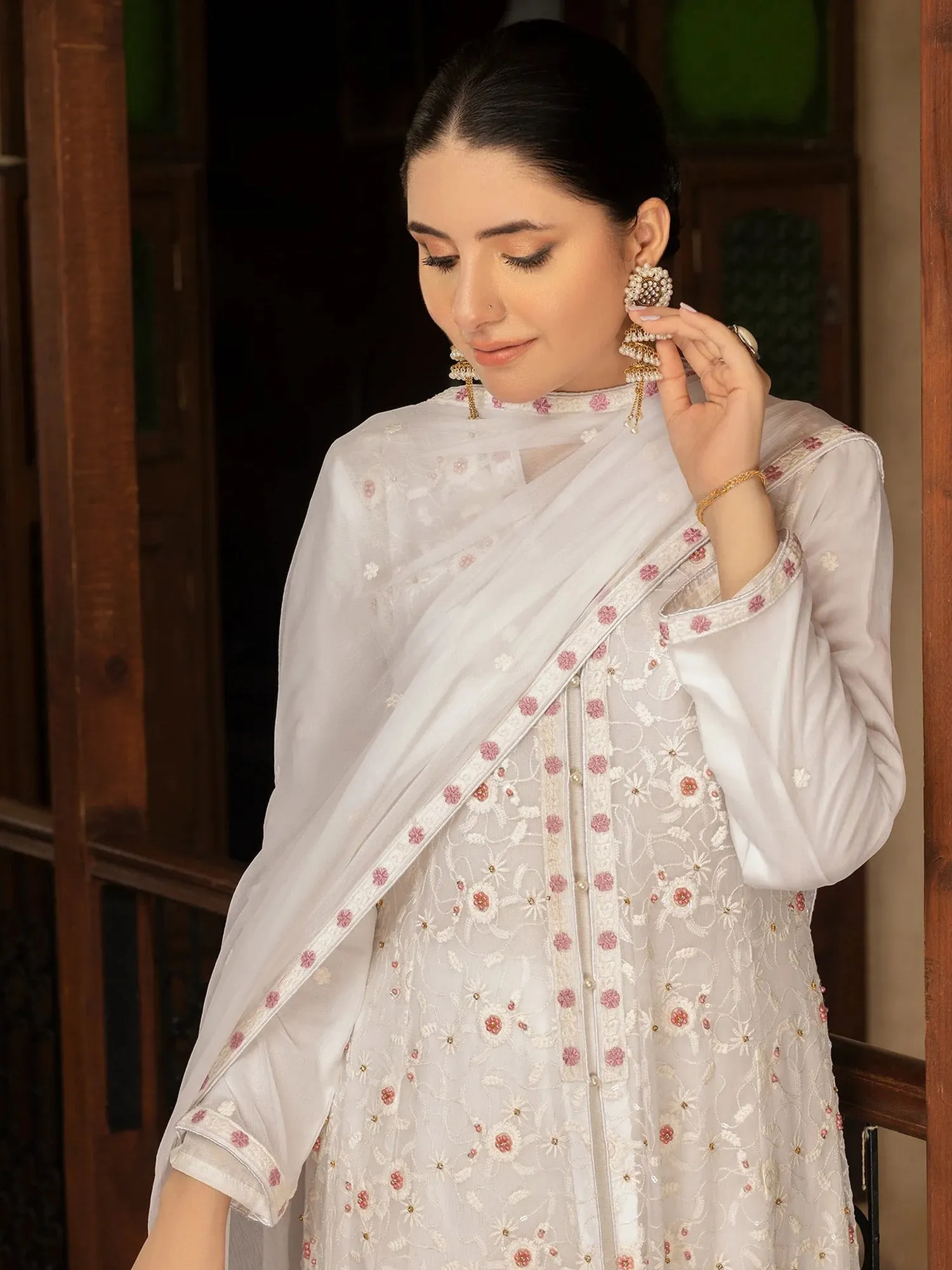 Wardah Uzair Handwork Embroidered Chiffon Gown Suit - White