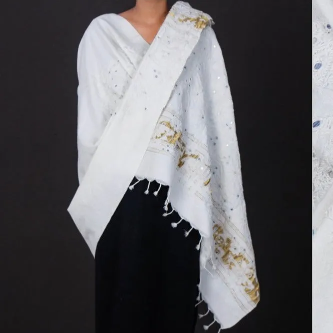 White - Kutchi Embroidery Handwoven Pure Merino Wool Shawl