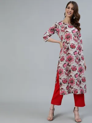 Women Off- White Floral Printed Straight Kurta With Three Quarter Sleeves