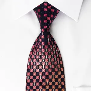 Yezak Silk Rhinestone Necktie Orange Pink Checker On Blue With Silver Sparkles